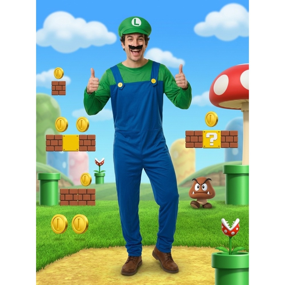 Luigi Costume Adult Mens Super Mario Jumpsuit Hat Mustache Cosplay Halloween XL
